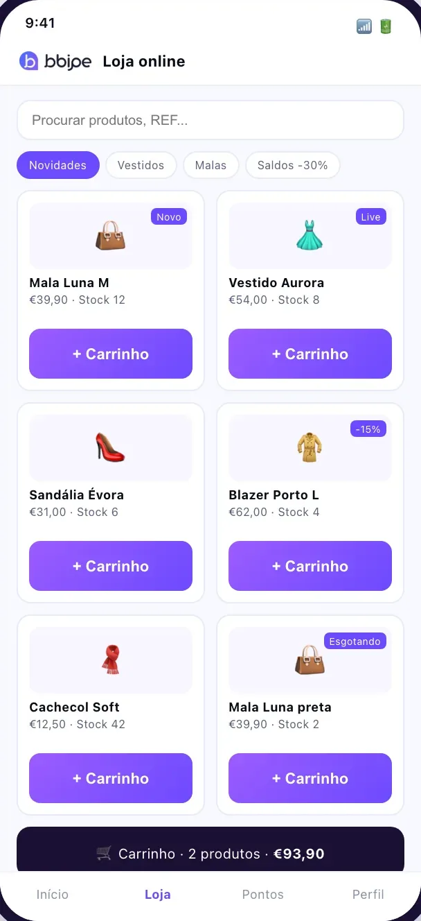 Loja online na app