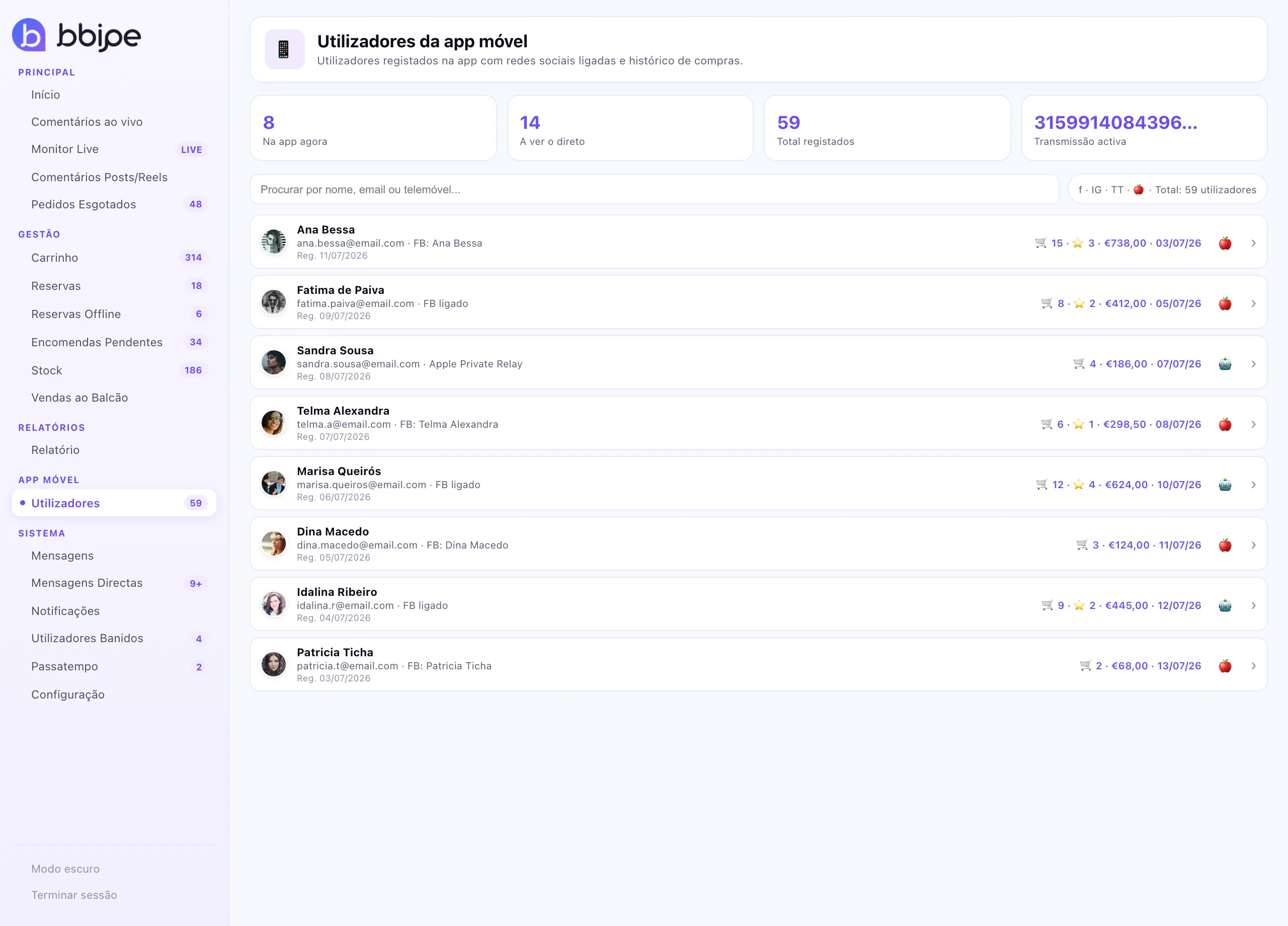 Loja online, app móvel e notificações